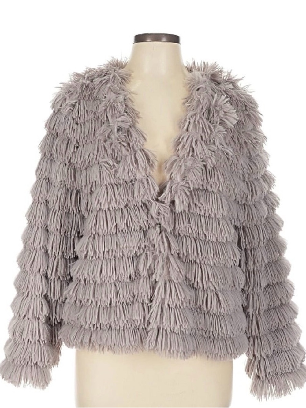 She + Sky Women's Gray Shag Fringe Jacket EUC